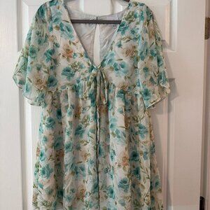 Floral Tie-Front Flutter Sleeve Mini Dress – Size M – Green/White Print
